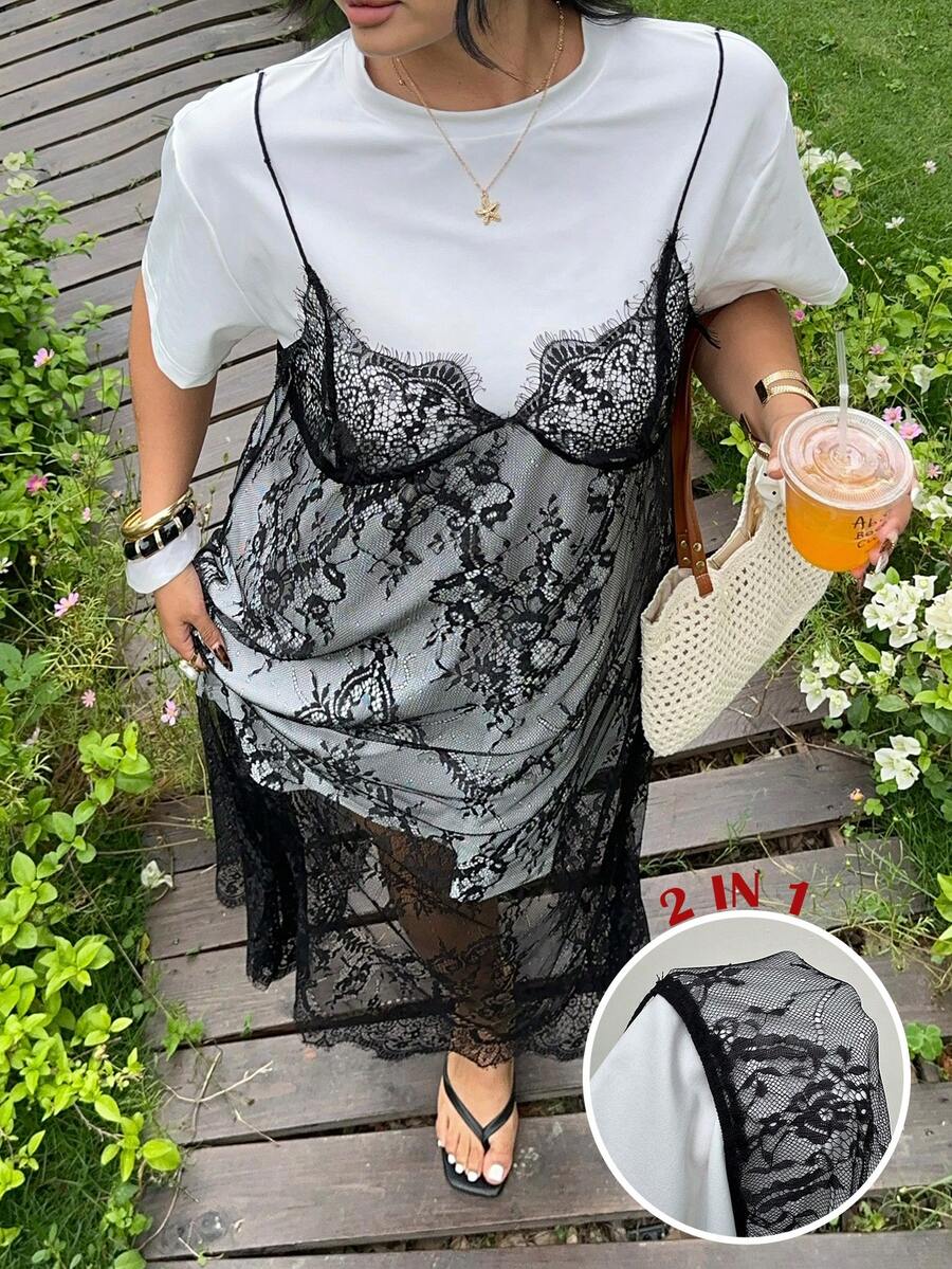 GalTyme 春夏新款休闲日常穿搭,适合派对、通勤、婚礼、音乐节、返校、毕业典礼、海滩度假、街头风、居家休闲、城市漫步等场合,百搭叠穿,圆领短袖宽松长款T恤搭配浪漫蕾丝吊带连衣裙,二合一设计,黑白配色,大码连衣裙 - 彩色 - 查看 1