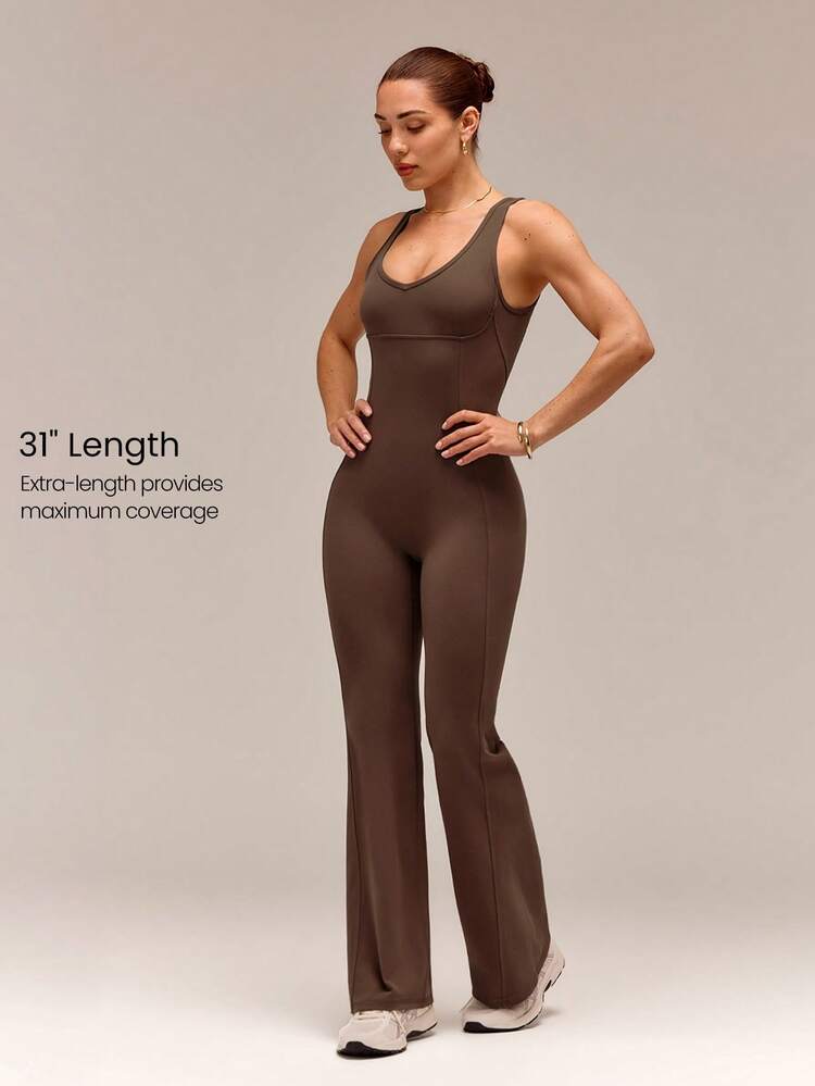 31" Quick-Dry Find Your Flare Open Back Flare Jumpsuit Bodysuit With Corset Details Removable Cups Low Impact Yoga Pilates Studio Daily Active Wear