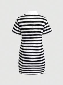 Young Girl Casual Daily Fashion Lapel Black And White Textured Striped Dress - Black and White - View 2