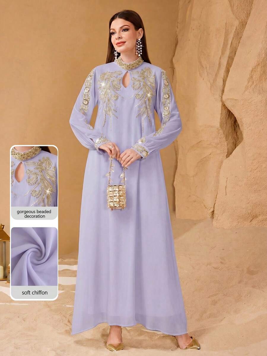 SHEIN Najma 優雅蕾絲飾邊與珠飾裝飾女款阿拉伯風洋裝 - 淡紫色 - 查看 1