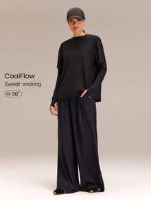 GLOWMODE Modest 1PC All-Day Ease Cooling Quick-Dry Sun Protection Adjustable Drawstring Waist Slip Pockets Wide-Leg Pants Training Running Workout Gym Daily - Black - View 1