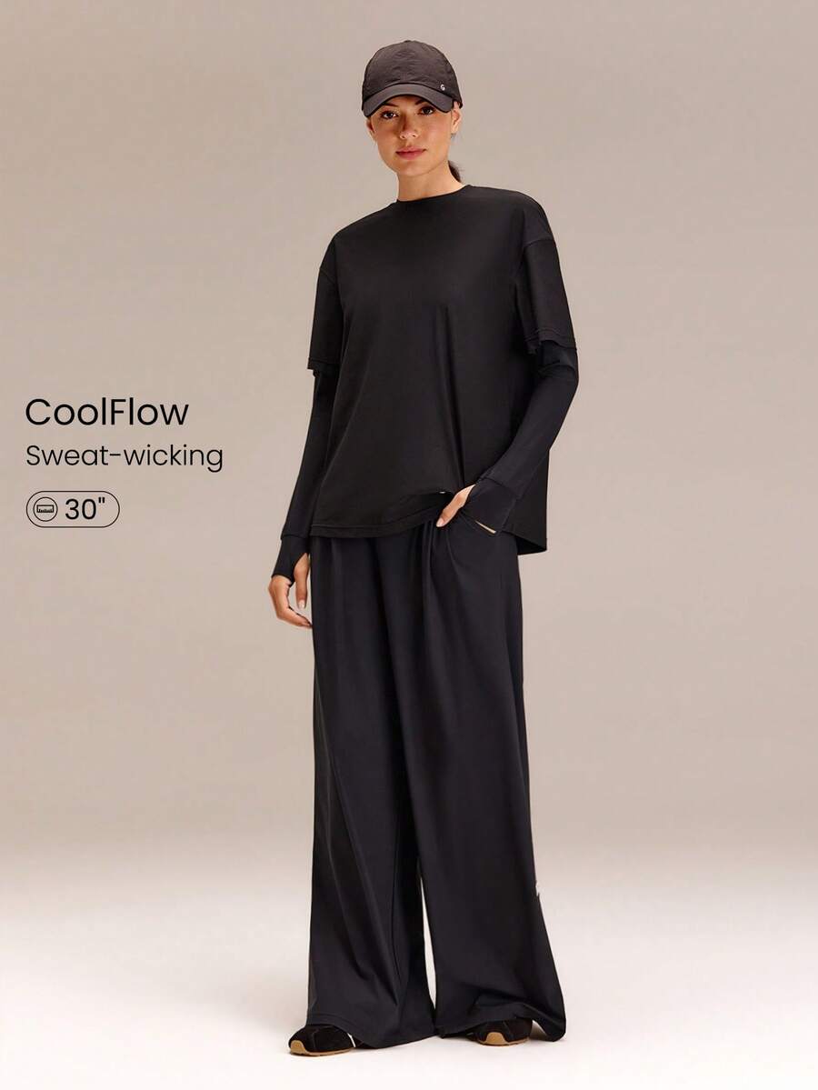 GLOWMODE Modest 1PC All-Day Ease Cooling Quick-Dry Sun Protection Adjustable Drawstring Waist Slip Pockets Wide-Leg Pants Training Running Workout Gym Daily - Black - View 1