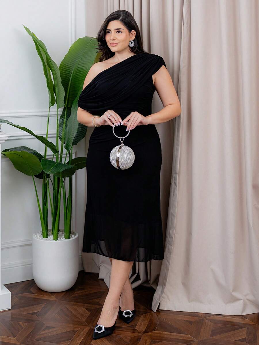 The Leen Edit 新款夏季女式优雅精致不对称肩部短袖褶皱腰针织连衣裙，黑色，适合派对和日常穿着