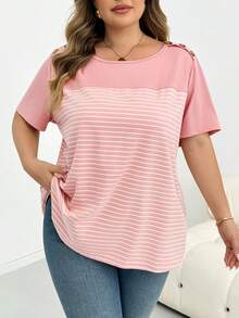 SHEIN CURVE+ 大尺碼女款撞色條紋拼接T恤 - 粉色 - 查看 3