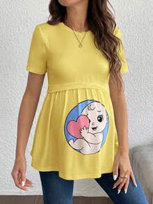 SHEIN Cute Printed Knit Maternity T-Shirt - Yellow - View 3