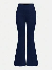 Girlism 青少年女孩 2件組 春夏新款 黑色海軍藍 針織素色 百搭底層 分割開衩喇叭褲 交叉腰設計 緊身休閒喇叭長褲 適合休閒穿著與居家 - 藏蓝色 - 查看 3
