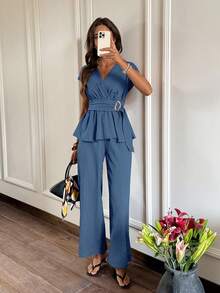 Serisse Women's Summer Casual Solid Color Shirt And Long Pants Two Pieces Set - Blue - View 5