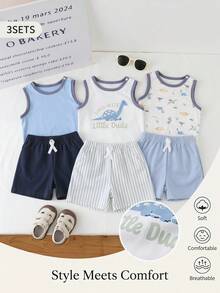 SHEIN Playful Pals 3件套男婴/中性婴幼儿新生儿0-3岁条纹纯色三件套服装，包括圆领无袖背心、恐龙印花上衣和纯色印花上衣、条纹短裤，休闲可爱夏季亲子装 - 彩色 - 查看 1