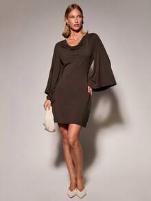 COSMINA Women's Draped Neck Bell Sleeve Long Sleeve Solid Color Draped Neck Versatile Dress - Brown - View 3