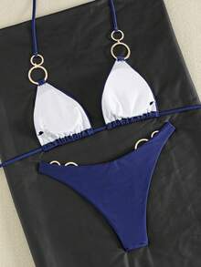 Swim SXY Vacation Beach Solid Color Two-Piece Swimsuit Set - Navy Blue - View 2