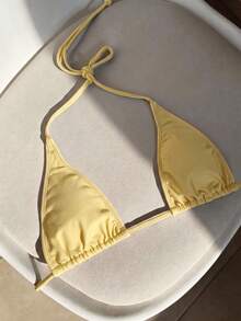Elavelle Women's Spring/Summer Solid Color Halter Bikini Top - Yellow - View 2