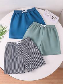 SHEIN (Acak 4 Pcs, Kirim 3 Pcs) Set Celana Renang/Celana Pantai Kasual Olahraga Nyaman Warna Polos Bergaris Longgar Tenun untuk Anak Laki-laki, 3 Potong - MultiWarna - View 8