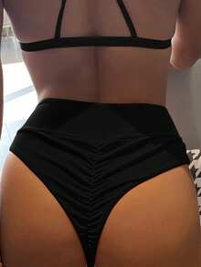 Swim Basics 夏季海滩褶饰高腰比基尼泳裤，度假泳装 - 黑色 - 查看 2