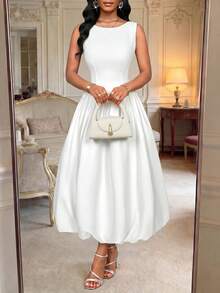 SHEIN Lady Đầm midi xếp ly màu trơn thanh lịch dành cho nữ, thích hợp dự tiệc. - trắng - Xem 7