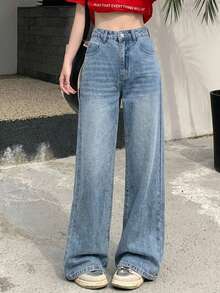 DAZY Women's Pocket Wide Leg Loose Casual Versatile Denim Jeans - Blue - View 5