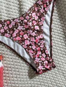 Swim Mod Women's 2-Piece Bikini Swimsuit Set With Double Shoulder Straps, Ditsy Floral, Ribbed Fabric, For Island Beach Vacation - Coffee Brown - View 6