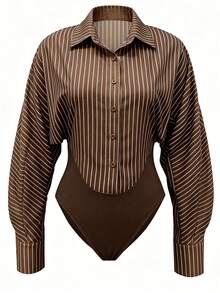 INAWLY Casual Women's Long Sleeve Shirt 2 In 1 Bodysuit - Coffee Brown - View 3