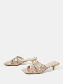CUCCOO HITCHD Women's Shoes Gold Rhinestone Square Toe Kitten Heel Wear High Heel Sandals Summer - Gold - View 3