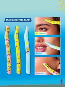 SpongeBob SquarePants | SHEIN 3入組卡通印花眉毛修剪套組，3入組女性與初學者適用安全眉毛刮刀，臉部除毛與去角質工具，適用於修眉、皮膚刮除與旅行 - 彩色 - 查看 2
