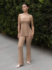 Andrea Bello Ladies' Plain Strapless Top With High Slit And Pants Set Summer - Khaki - View 3