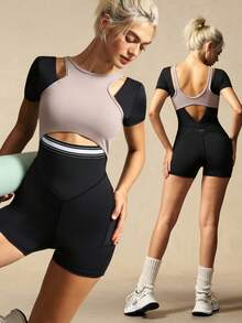 VARSIVA Women's Casual Athleisure Modest Versatile Daily Wear Activewear Gym Sports Patchwork Color Romper Black Summer Gym - Multicolor - View 9