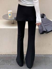 DAZY Women's Solid Color Split Design 2 In 1 Long Pants With Back Flap School Fall - Black - View 4