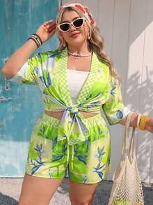 Vivid Eden Plus Size Women's Fruit Print Half Sleeve Top And Drawstring Waist Shorts Casual Vacation 2-Piece Set Green Summer - Green - View 4