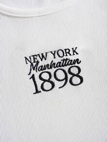 INAWLY Letter Graphic Ribbed Knit Tank Top Graphic Tees Women Tops - White - View 5