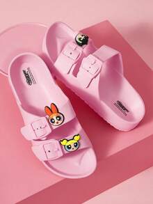 THE POWERPUFF GIRLS X SHEIN Cartoon Women's Slippers, Breathable And Quick-Drying, Lightweight And Durable EVA Material, Suitable For Boys To Wear Indoors And Outdoors, Bathrooms, Playgrounds, Swimming Pools, Beaches, Shower Slippers Sandals - Pink - View 5