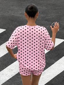 Muchica 粉黑波點針織休閒街頭風女款兩件套，適合日常夏季城市度假旅行 - 粉色 - 查看 2