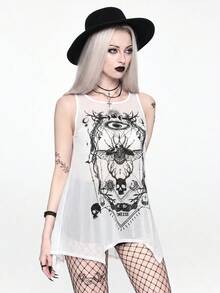 ROMWE Goth Débardeur long ample coupe A pour femme, motif crâne sombre, insecte, squelette et astrolabe - Blanc - Voir 5