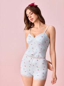 Bonmuse Conjunto de pijama floral fresco de verano, camiseta de cuello en V y pantalones cortos, 2 piezas de ropa de dormir con adorno de encaje - Celeste - Ver 9