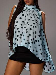 Rustia Plus Size Women's Vintage Elegant Halter Neck Blouse, Classic Shirt, Long Lantern Sleeve, Polka Dot Shirt, Asymmetric Shirt, Slit Sleeve Design, Bow Tie Back, Asymmetric Chiffon Blouse, Suitable For Evening, Party, Date, Daily Wear, Back To School, Office, Wedding Guest, Spring/Summer/Autumn - Multicolor - View 4