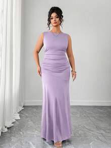 Elenzga Women's Elegant Dress, Sleeveless Round Neck A-Line Silhouette, Ruched Waist Design, Solid Color Knit Fabric - Purple - View 4