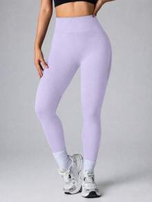 SHEIN Sports 無縫高彈力瑜珈健身網格運動緊身褲 - 淡紫色 - 查看 4