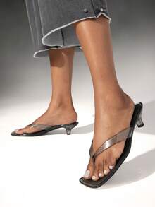 Denimoi Women's Square Toe Casual Clear Kitten Heel Thong Sandals Summer Shoes - Black - View 2
