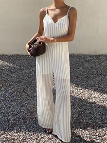 Livesso Combinaison blanche pour femmes, débardeur, style décontracté d'été, rayures, mariage, vacances, tropical, business décontracté - Beige - Voir 13