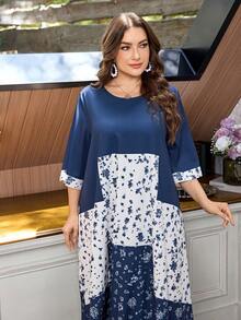 Lacomfia Robe élégante pour femmes grande taille, manches mi-longues, patchwork floral discret, col rond, style décontracté pour le travail et les vacances - Multicolore - Voir 3