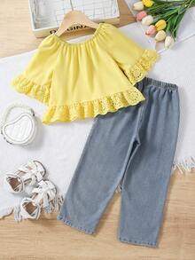 Elladie kids 女童2件組荷葉邊露肩上衣與珍珠裝飾牛仔褲，適合夏季日常穿著 - 黃色 - 查看 3