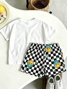 SHEIN Young Boy Checkered Cartoon Print T-Shirt And Shorts Set - Multicolor - View 2