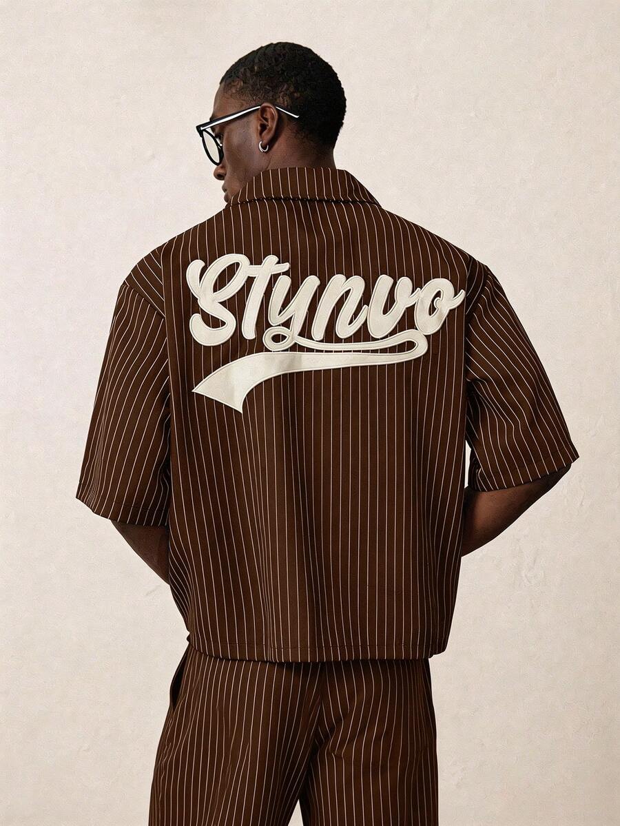 STYNVO 男士條紋刺繡單排扣短袖襯衫與抽繩腰口袋短褲套裝 - 棕色 - 查看 1