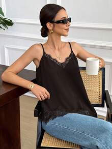 Elegant Women's Summer Camisole In Solid Color With Lace Patchwork And Side Slit - Army Green - View 6