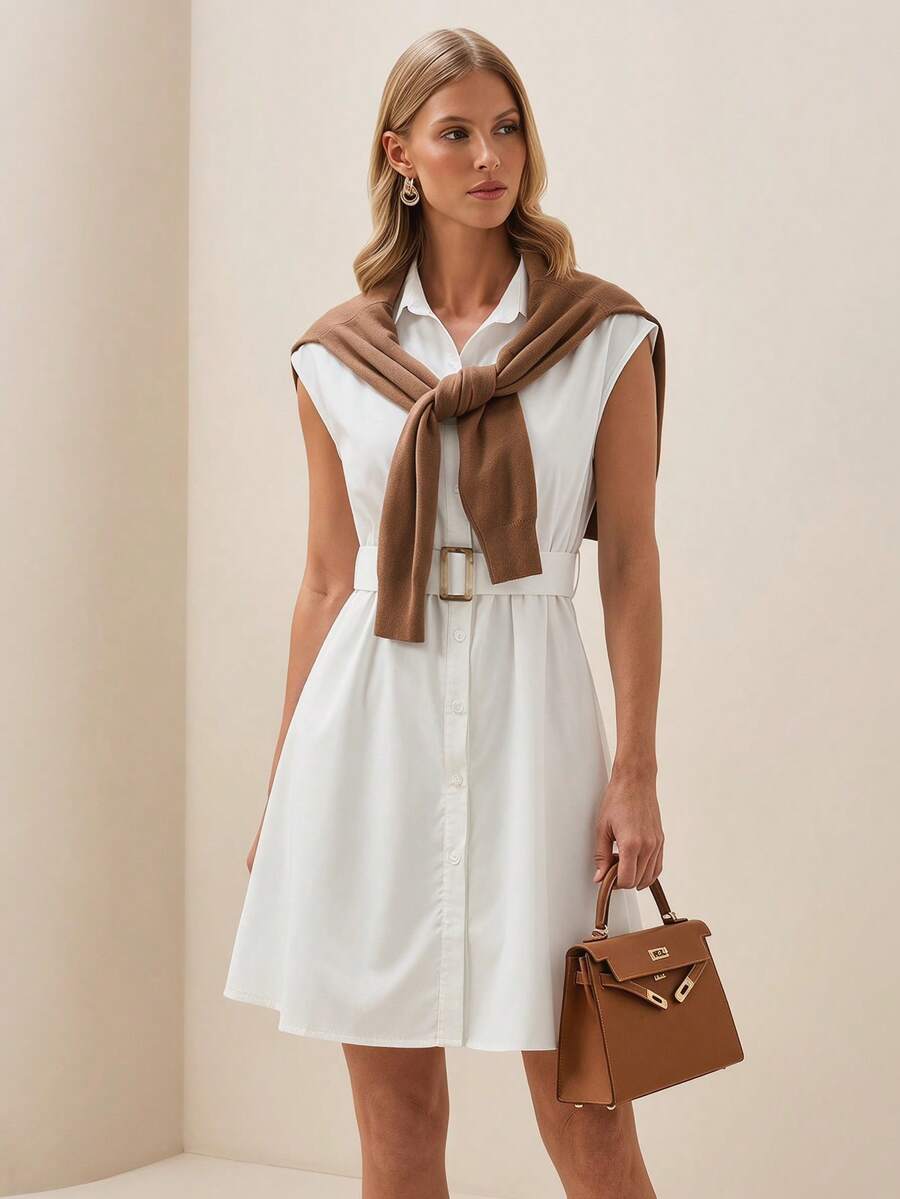 Briarwyn Women's Casual Elegant Sleeveless Belted Solid Color Dress, Suitable For Daily, Work Vacation Commute, Versatile White Summer - White - View 1