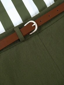 Franclia 女款條紋撞色短袖上衣與短褲休閒日常兩件套 - 軍綠色 - 查看 6