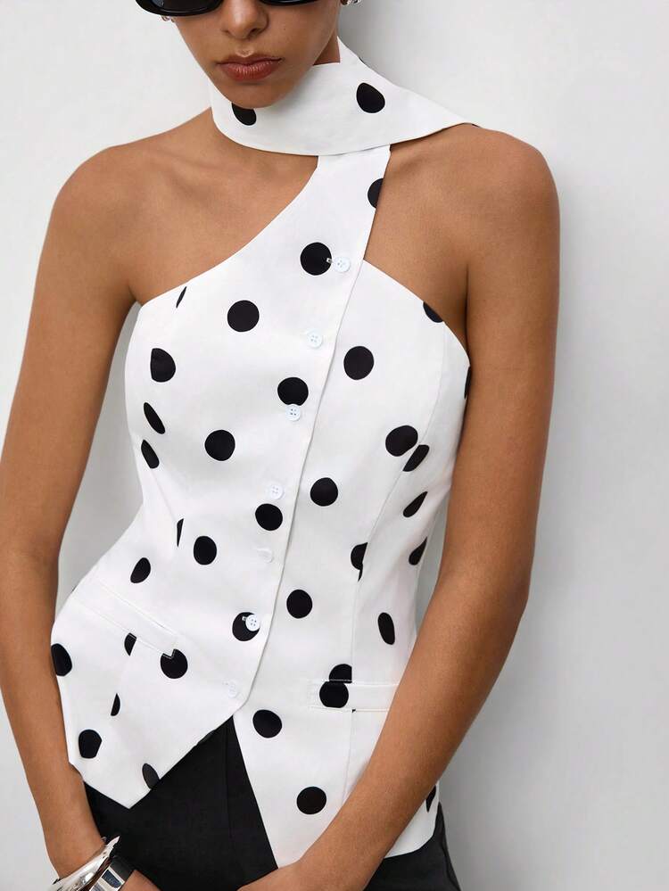 SHEIN Maija Women's Polka Dot Halter Neck Casual Versatile Daily Outing Top Summer Festa Junina São João Work Tops Graphic