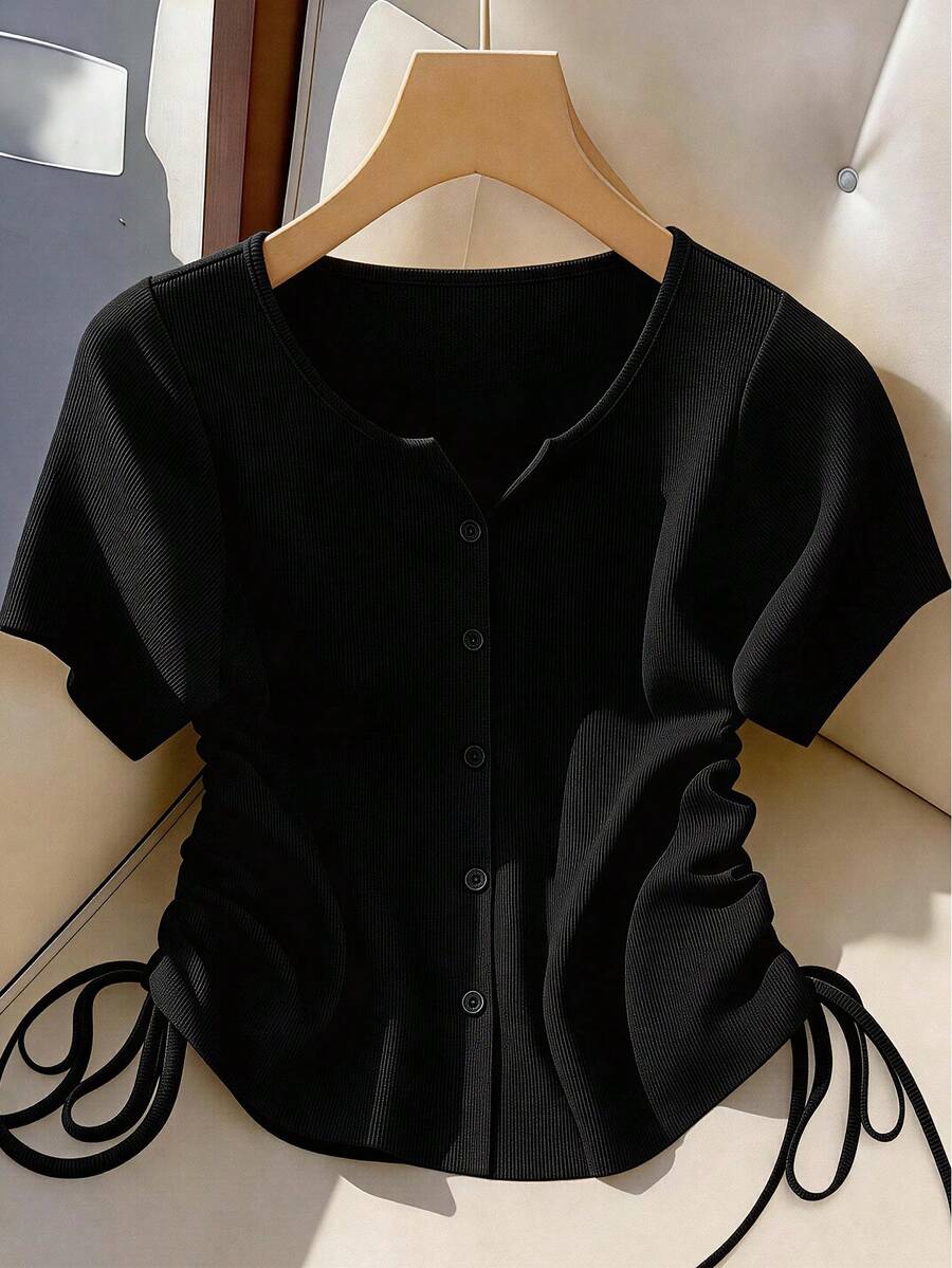 GlowEve CURVE Plus Size Best-Selling Elegant V-Neck Solid Color Ribbed Knit T-Shirt, Slimming Waist Drawstring Single-Breasted Design, Suitable For Daily Commute, Versatile For Gatherings And Outings - Black - View 1