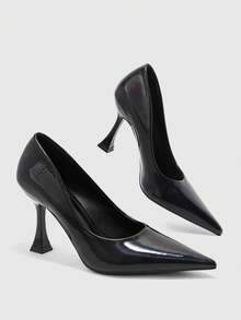 CUCCOO BIZCHIC Zapatos de tacón alto simple con punta puntiaguda de unicolor para mujer, casual para uso diario, vacaciones de primavera, Pascua y Navidad - Nuevo material negro - Ver 9