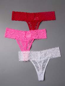 ROMWE Kawaii 3 Packs Sexy Women'S Lace G-String Panties, 90% Polyamide 10% Spandex, Thin T-Back Bikini Thongs, Knit Fabric, Solid Color, Drop Waist, 165gsm Lightweight Lingerie - Multicolor - View 1