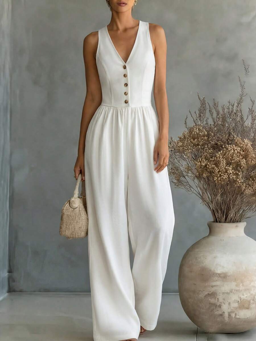 Hotletica Bộ jumpsuit nữ cổ chữ V, hở lưng, dáng rộng, thoải mái. - Màu be - Xem 1