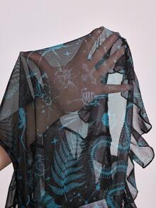 ROMWE Goth Top de malla con estampado floral de piel de serpiente gótico vintage azul con volantes y cintura con lazo para mujeres de talla grande - Azul - Ver 12
